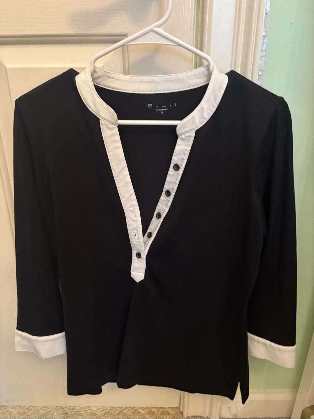 E.L.I. Black Button Down Blouse with White Trim